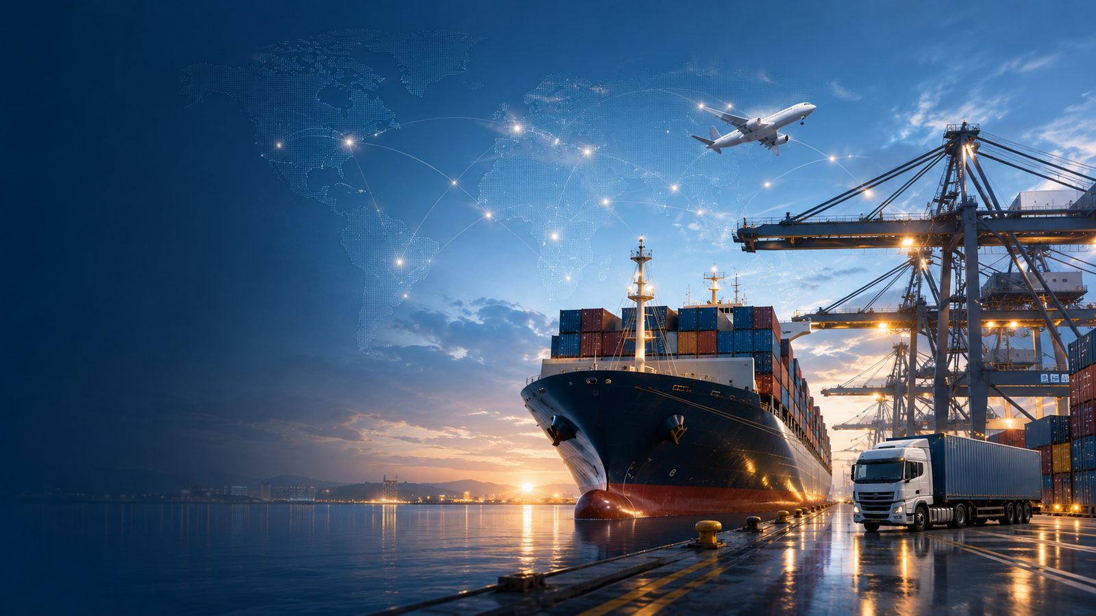 Real-world international trade scene complementing the market map.