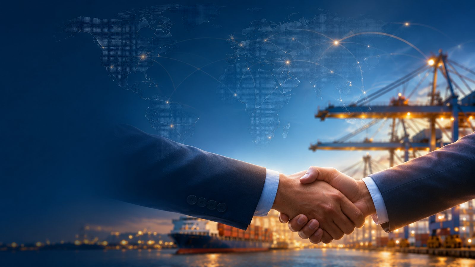 International business partnership represented by a handshake in front of a world map.