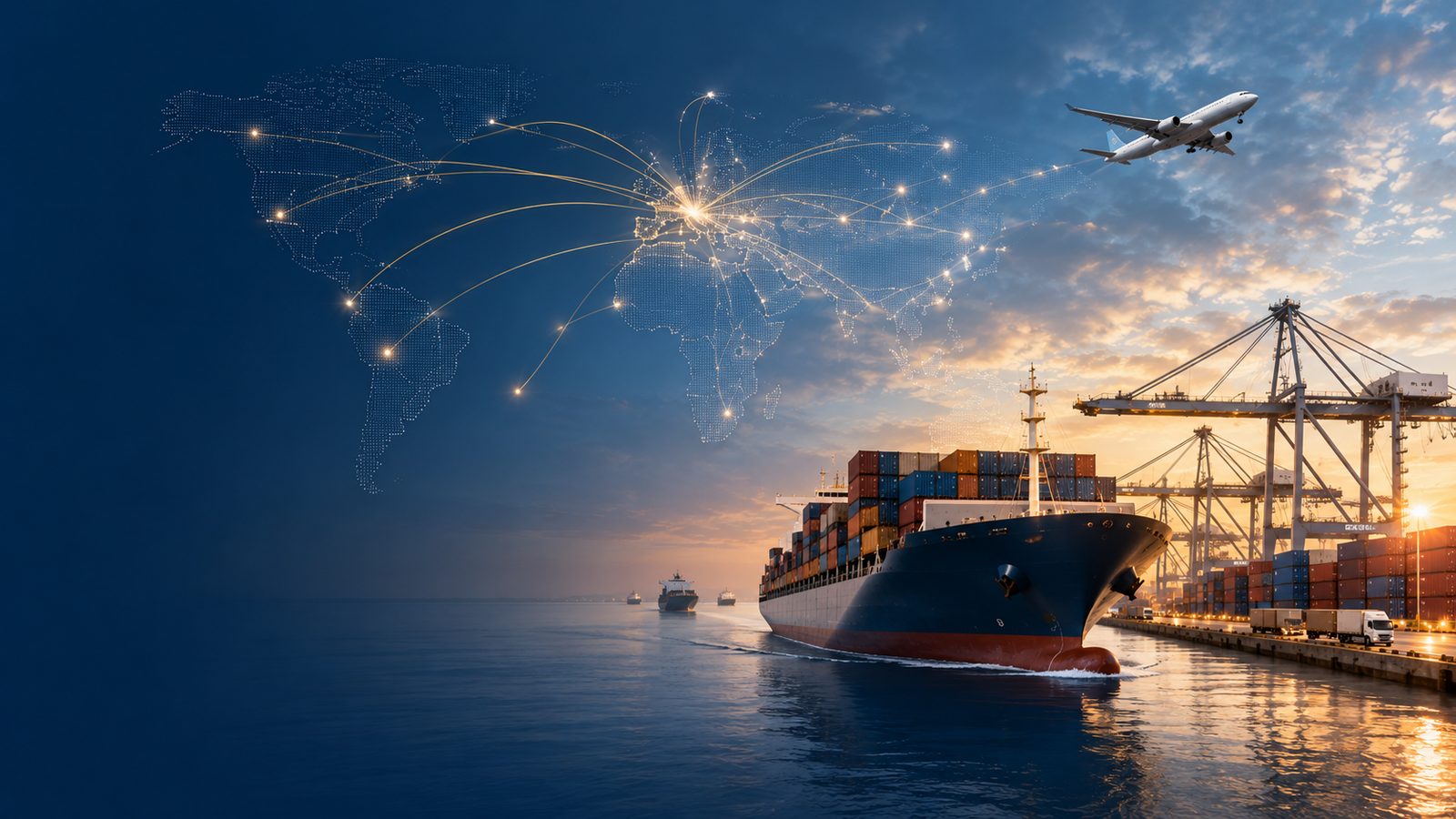 Cargo ship, aircraft, and global network representing BARIKA's business areas.