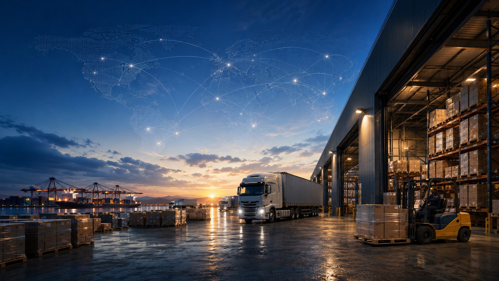 Distribution network connecting a warehouse, e-commerce, retailers, and delivery operations.